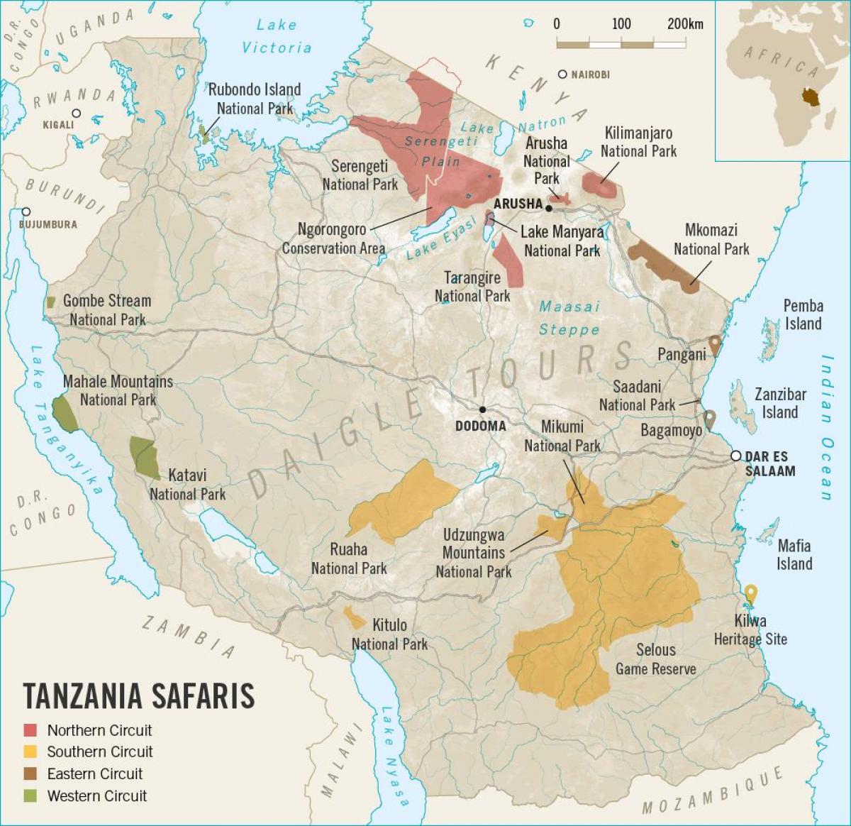 Zemljevid tanzanija, safari, 