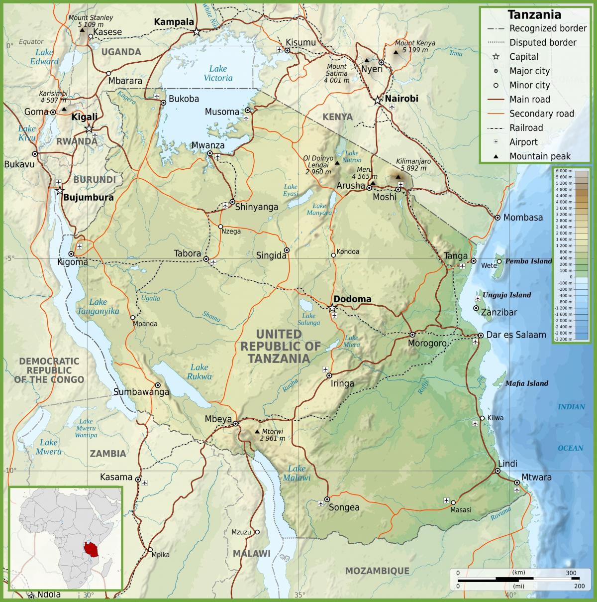 tanzanija cestni zemljevid z kilometrov