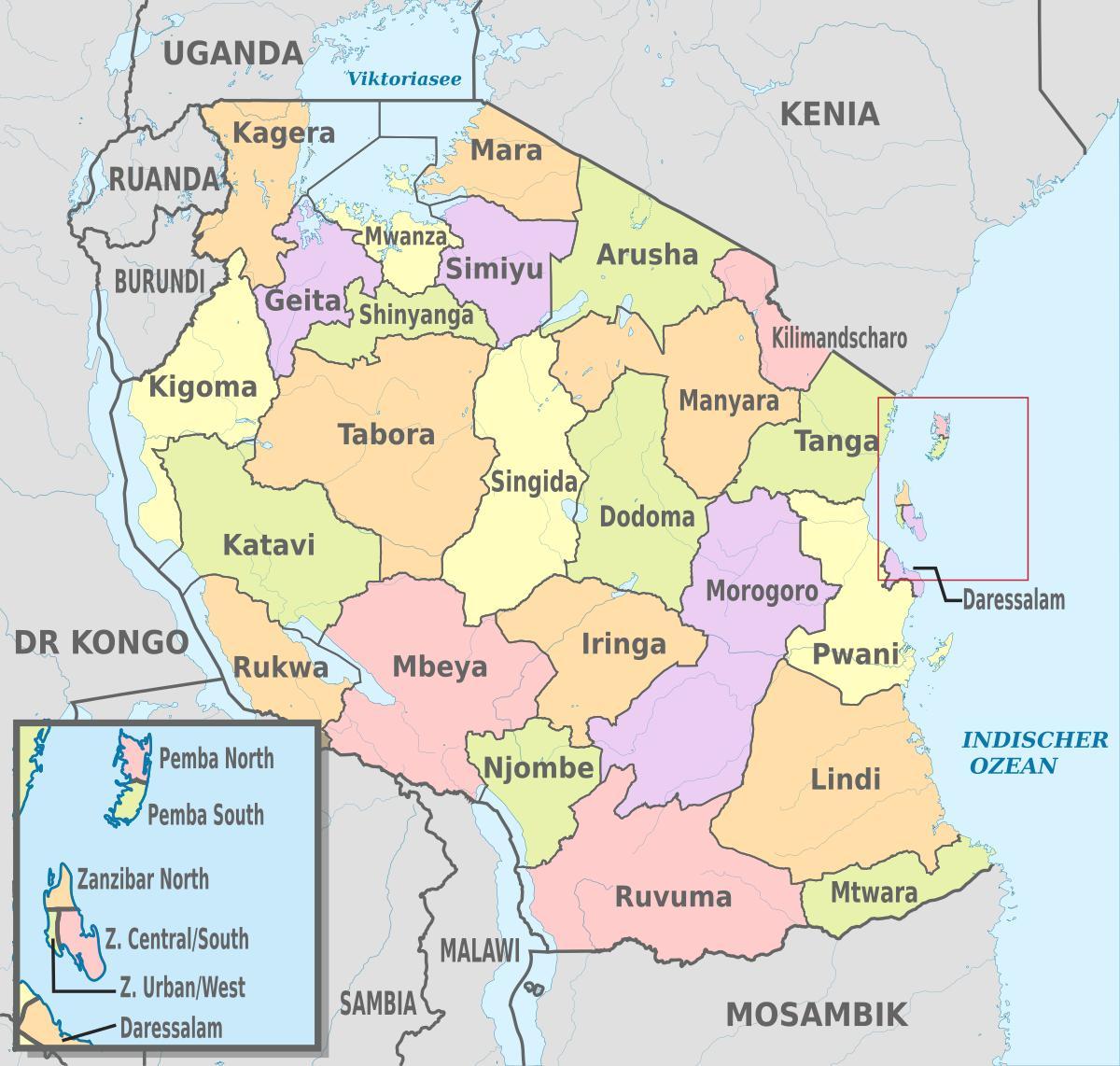 tanzanija zemljevid z novimi regije