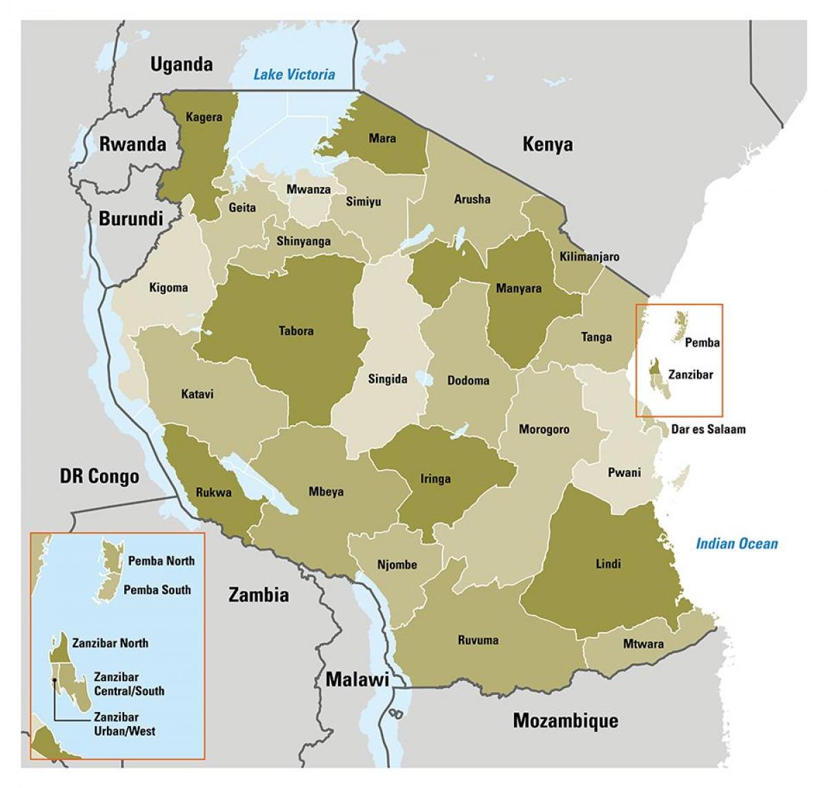 zemljevid tanzanija prikazuje regije
