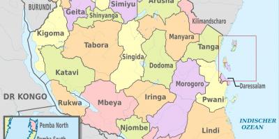 Tanzanija zemljevid z novimi regije