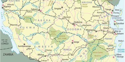 Tanzanija turističnih znamenitosti na zemljevidu