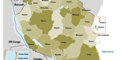 Zemljevid tanzanija prikazuje regije