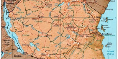 Zemljevid tanzanija, ki prikazuje zgodovinske znamenitosti